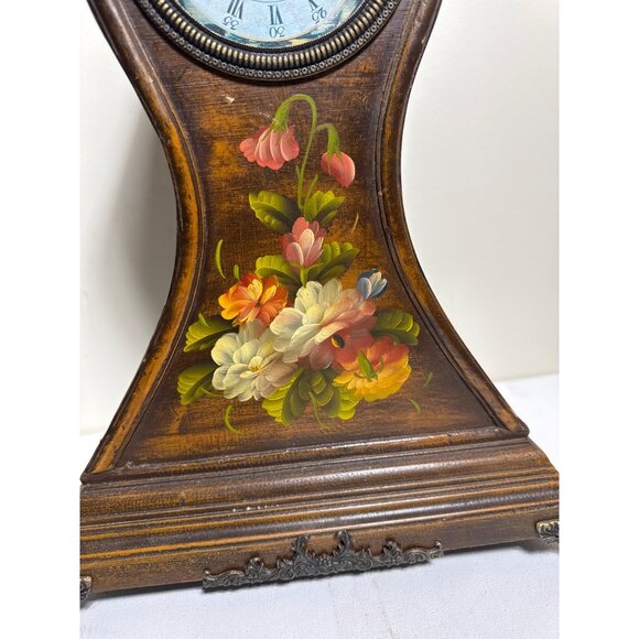 Vintage Wooden Mantel Clock Hand Painted Floral Design & Roman Numerals - Picture 2 of 7